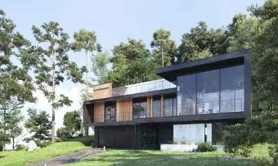 A modern home with floor-to-ceiling windows across the front wall.